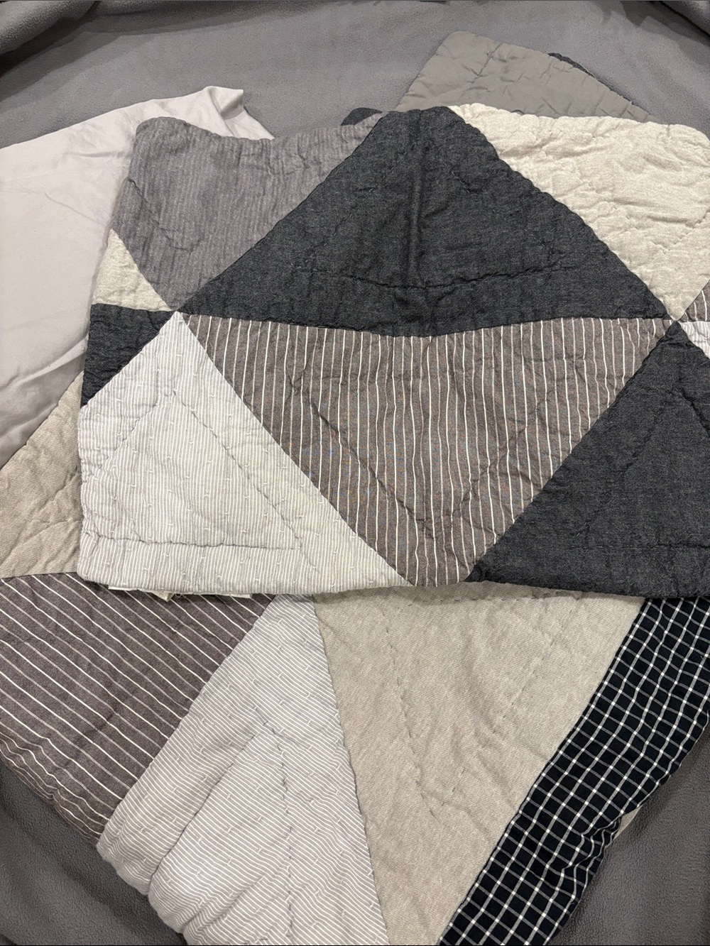 Pottery Barn Teen Neutral Geo Patchwork Quilt - Gray, Cream, Tan with sheets